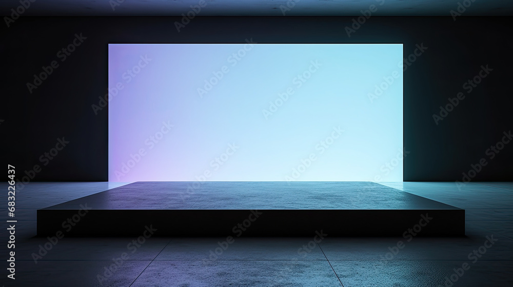 3d concrete podium, Perspective view of blank blue digital screen wall and concrete floor with square stand background. 3D Rendering  - obrazy, fototapety, plakaty 
