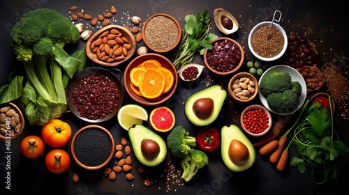 Health food for fitness concept with fruit  vegetables  pulses  herbs  spices  nuts  grains and pulses. High in anthocyanins  antioxidants  generative ai