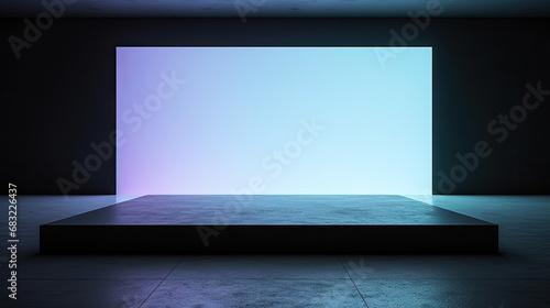 3d concrete podium, Perspective view of blank blue digital screen wall and concrete floor with square stand background. 3D Rendering  photo