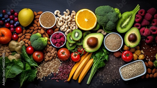 Health food for fitness concept with fruit, vegetables, pulses, herbs, spices, nuts, grains and pulses. High in anthocyanins, antioxidants, generative ai photo