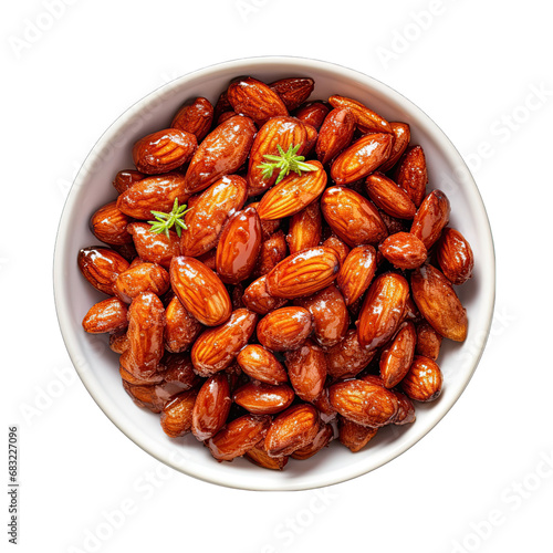 Top view of bowl of candied almonds Isolated on Transparent or White Background, PNG