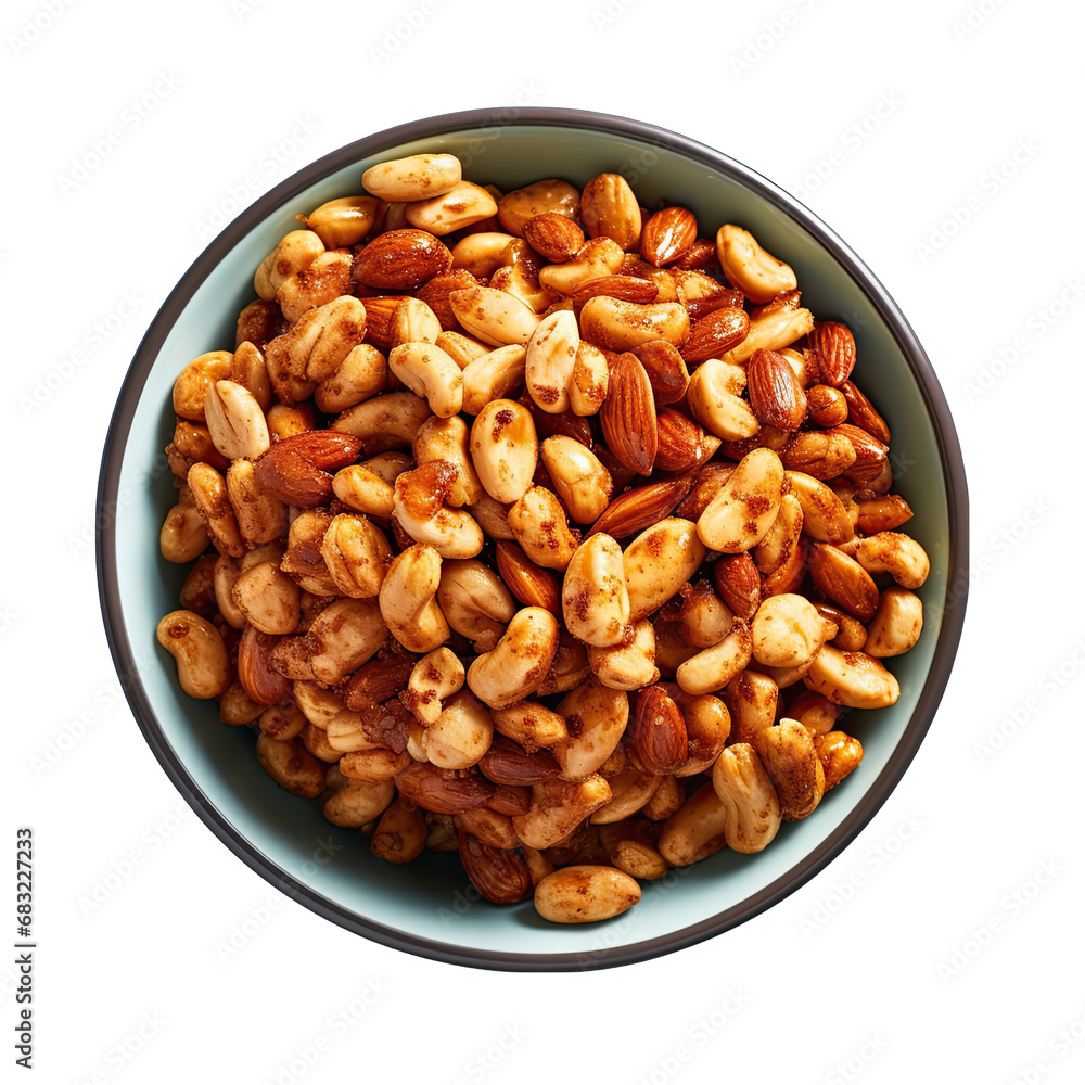Top View of Bowl of Salted Peanuts with Chili Flakes Isolated on Transparent or White Background, PNG Top View of Bowl of Salted Peanuts with Chili Flakes Isolated on Transparent or White Background, PNG