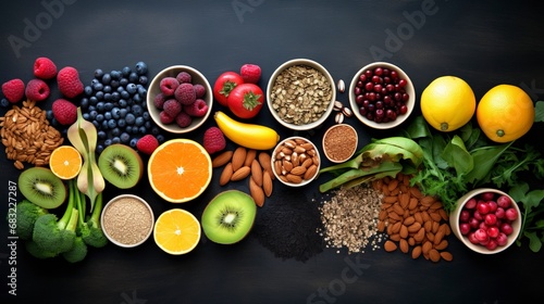 Health food for fitness concept with fruit, vegetables, pulses, herbs, spices, nuts, grains and pulses. High in anthocyanins, antioxidants, generative ai