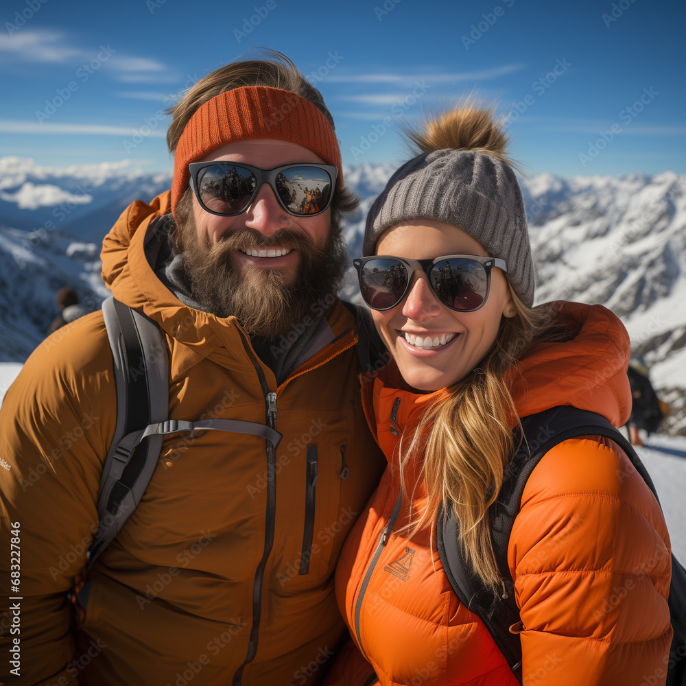 a couple skiing in the mountains and having a break