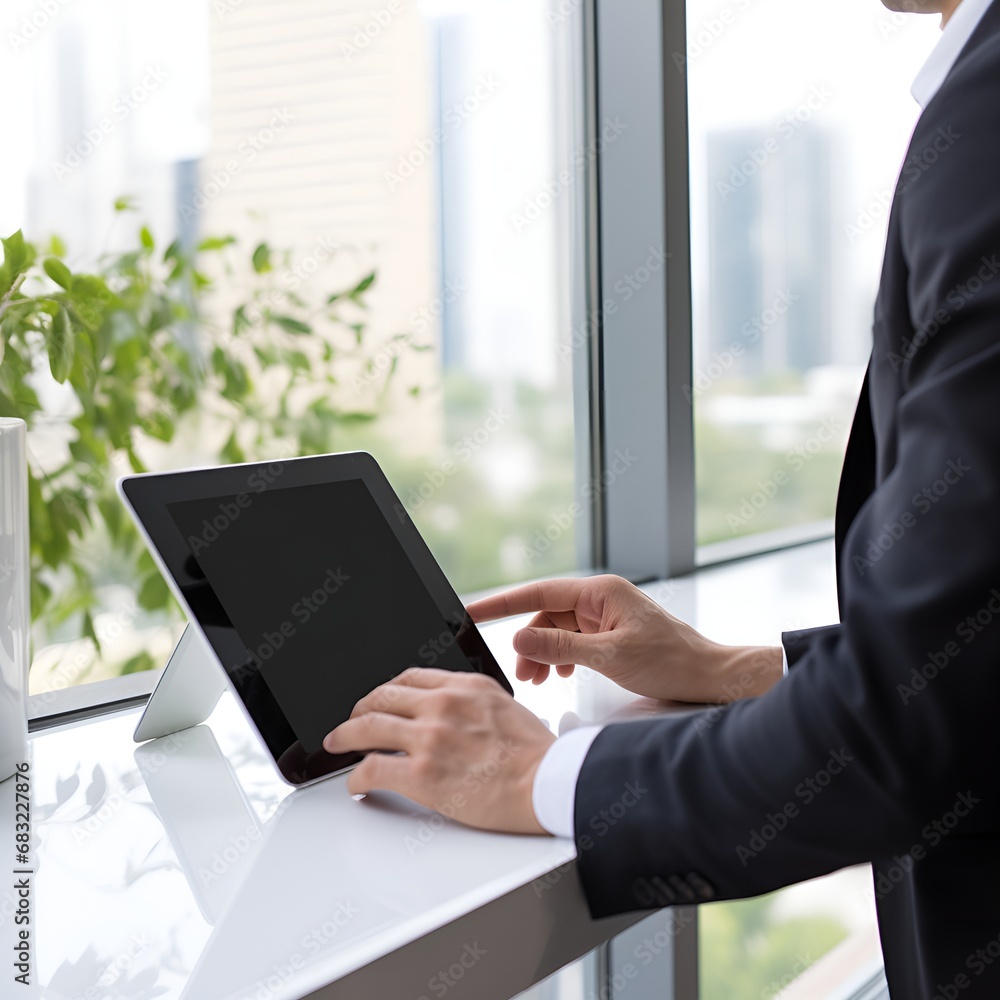 Businessman touching tablet on white table with blurred city background