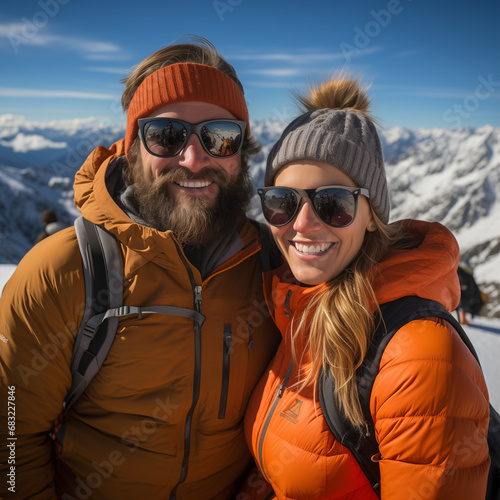 a couple skiing in the mountains and having a break