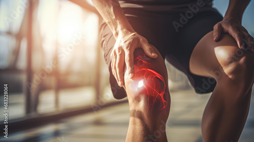 Close-up of a male knee with a 3d point of pain. Knee joint pain, ointments, balms and therapeutic exercise for pain when walking and running. photo