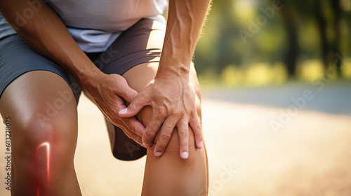 Close-up of a male knee with a point of pain. Knee joint pain, ointments, balms and therapeutic exercise for pain when walking and running.