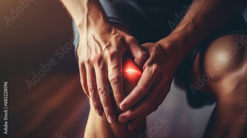 Close-up of a male knee with a point of pain. Knee joint pain, ointments, balms and therapeutic exercise for pain when walking and running. photo