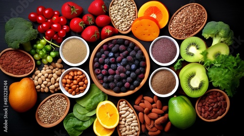 Health food for fitness concept with fruit  vegetables  pulses  herbs  spices  nuts  grains and pulses. High in anthocyanins  antioxidants  generative ai