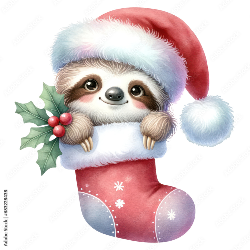 Christmas sloth watercolor on transparent background Christmas sloth watercolor on transparent background