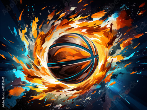 A basketball ball illustration as it bursts through fiery bursts of abstract elements and flames. photo