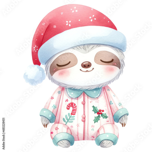 Christmas sloth watercolor on transparent background