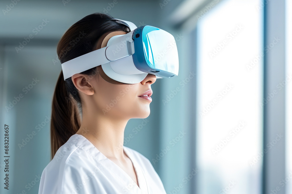 Doctor woman with virtual reality headset working in a hospital. Modern AI technologies in science and medicine. Doctor woman with virtual reality headset working in a hospital. Modern AI technologies in science and medicine.