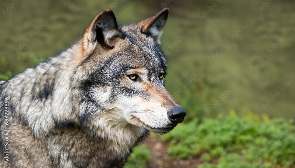 Black Phase Grey Wolf (Canis lupus) Profile Copy Space - captive animal