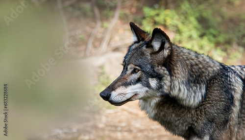 Black Phase Grey Wolf  Canis lupus  Profile Copy Space - captive animal