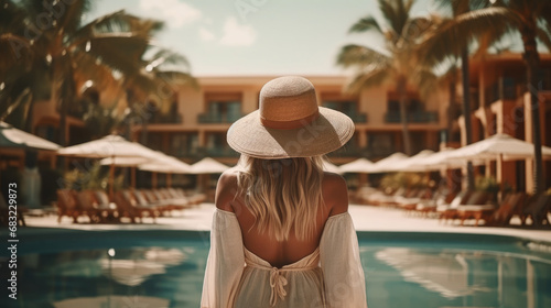  Back view of young stylish woman with long blond hair wearing straw hat on her vacation at a beautiful resort, standing by a warm summer swimming pool with blue water on a sunny day. Vacation,vintage photo