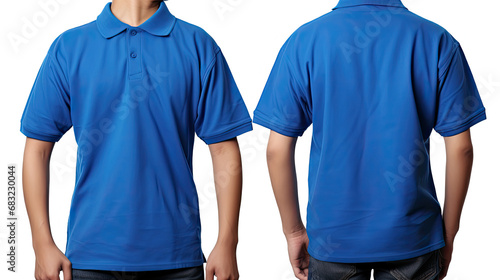 Blank collared shirt mock up template, front and back view, Asian teenage male model wearing plain blue t-shirt isolated on white background. Polo tee design mockup presentation 