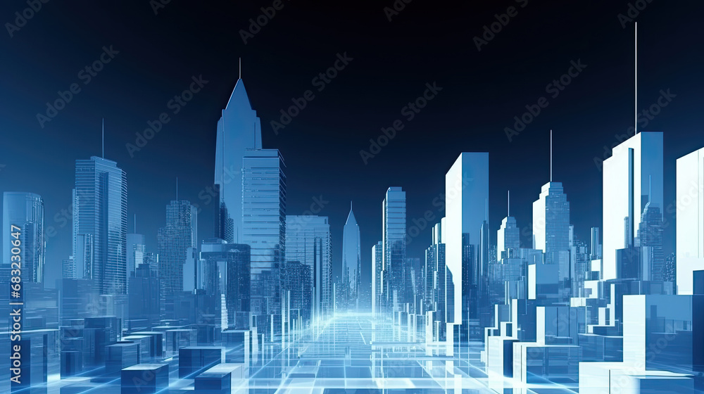 . Futuristic city. Blue background. Metaverse. Digital world. Online Realty in Virtual City. Real Estate Market in Metaverse,3d illustration, 3d style buildings