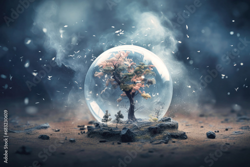 Glass globe in smoke, Environment Social and Governance. World sustainable environment concept. Pollution of the planet. The Green tree is protected.