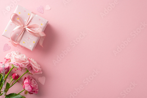 Create a romantic atmosphere on Valentine's Day with this top view display. Gift box, bunch of roses, heart confetti on a pastel pink background. Empty space for text © ActionGP