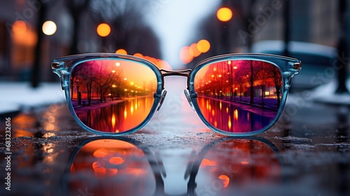 A pair of sunglasses sitting on top of a puddle of water photo