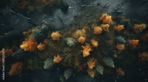 An aerial view of a group of trees in a forest