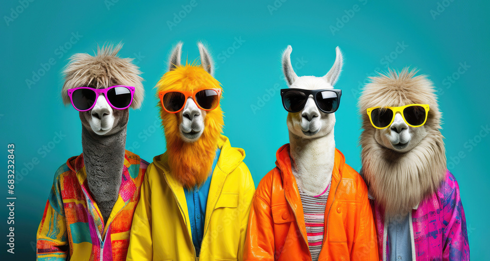 Cute funny llama group as yoga retreat in colorful clothes - obrazy, fototapety, plakaty 