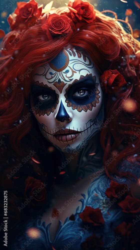 A woman with red hair wearing a sugar skull makeup A woman with red hair wearing a sugar skull makeup