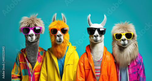 Cute funny llama group as yoga retreat in colorful clothes photo