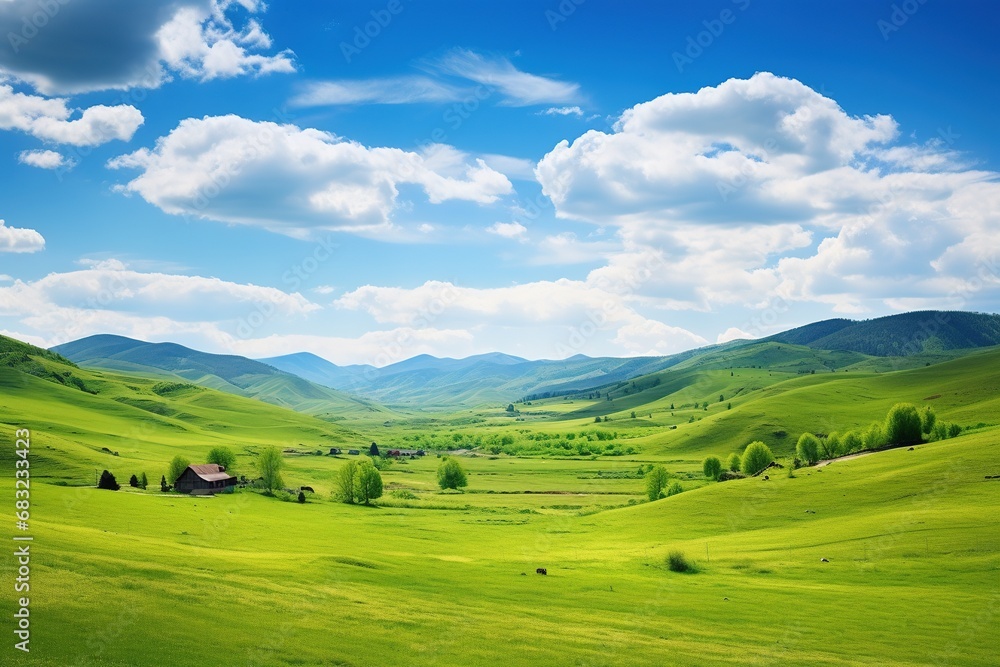 Beautiful landscape with green meadows and blue sky with clouds. Beautiful landscape with green meadows and blue sky with clouds.