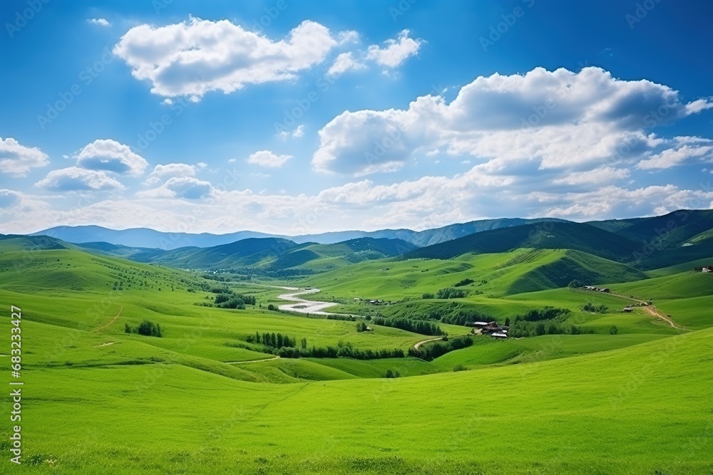 Beautiful landscape with green meadows and blue sky with clouds. Beautiful landscape with green meadows and blue sky with clouds.