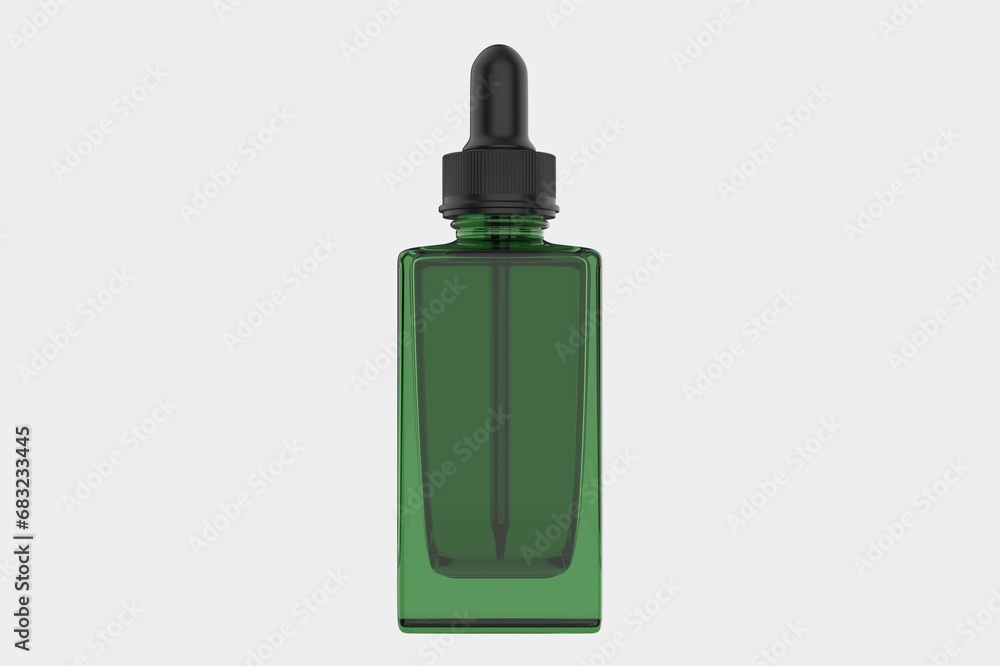 Transparent glass dropper bottle with liquid inside isolated on white background. 3d illustration