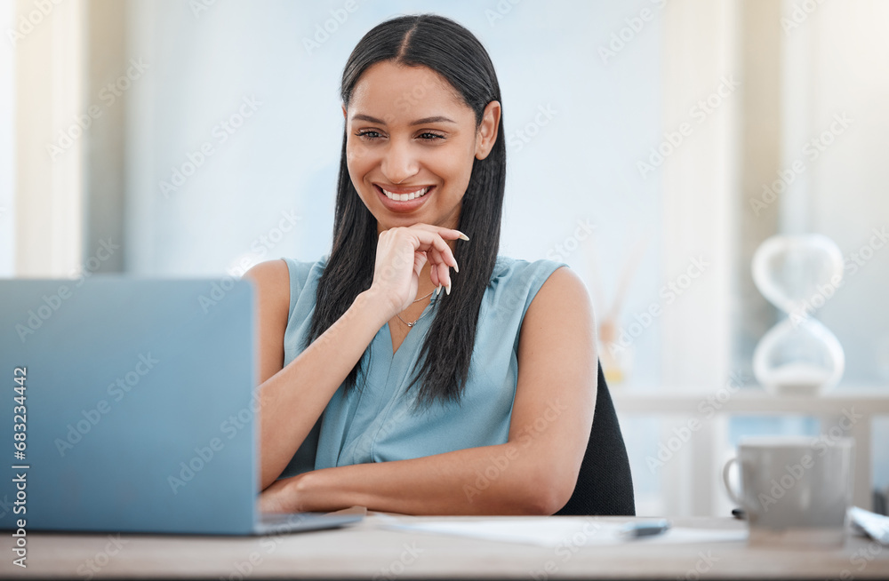 Business, thinking and woman with a laptop, smile and connection with internet, website info and solution. Office, person and employee with pc, worker and professional with planning, tech and choice Business, thinking and woman with a laptop, smile and connection with internet, website info and solution. Office, person and employee with pc, worker and professional with planning, tech and choice