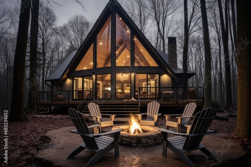 An A frame cabin in the woods with a large firepit and chairs in front of it - snowy winter forest landscape photo