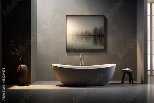Modern bathroom interior with grey bathtub and poster. Created with Ai