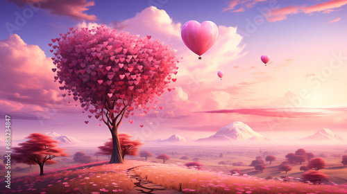 Valentine's day background with heart shaped trees and hot air balloons.