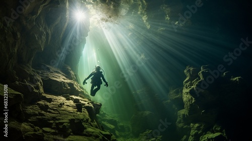 a diver hovering within a cave.