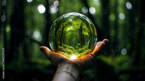 Hand holding glass ball with green trees and forest in background. Generative AI