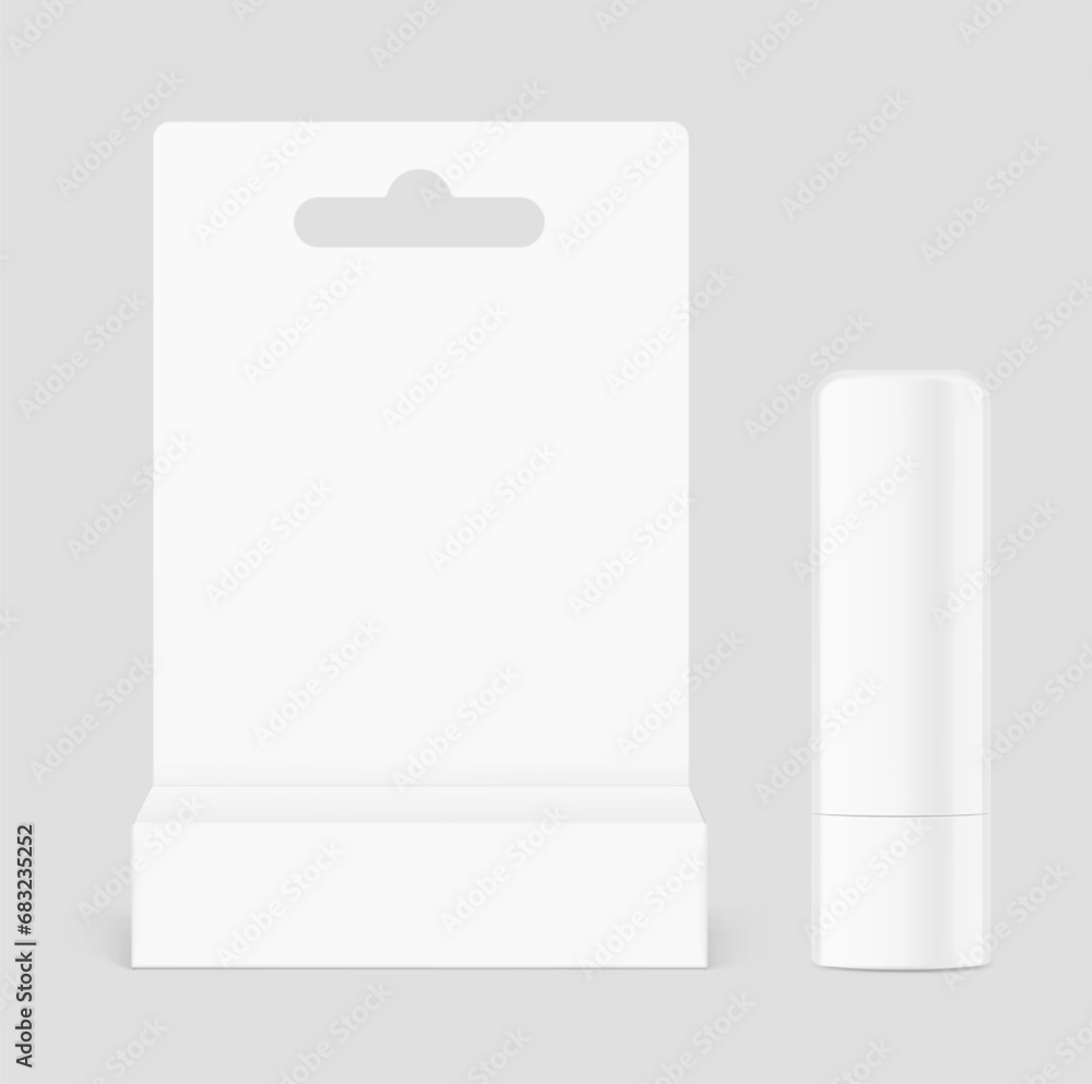 Fototapeta premium Lipstick care tube mockup with blister packaging. Front view. Vector illustration isolated on grey background. Can be use for your design, advertising, promo and etc. EPS10. 