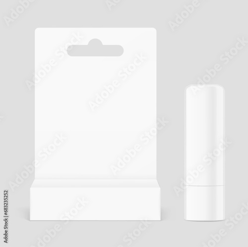 Lipstick care tube mockup with blister packaging. Front view. Vector illustration isolated on grey background. Can be use for your design, advertising, promo and etc. EPS10. 