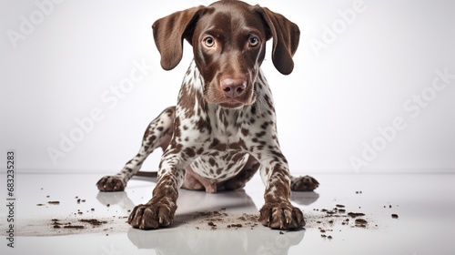 Dirt is tracked on the white floor by a dog with a guilty expression and filthy paws. photo