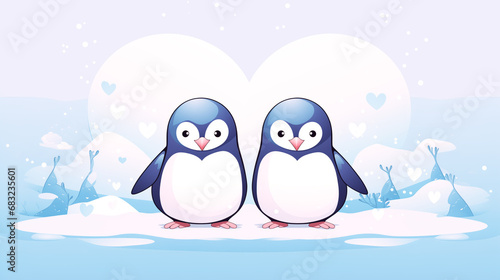 Cute penguin couple in love on the snow  Valentine s Day.