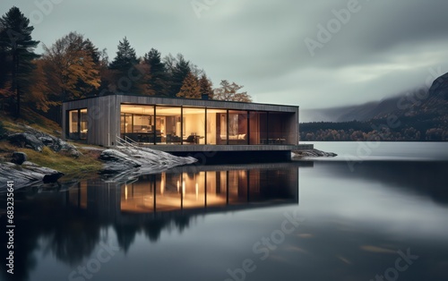 A modern lakeside wooden cabin, styled in the fisherman house tradition, stands gracefully atop the water's surface, giving an impression of floating serenely on the lake. © Nattadesh