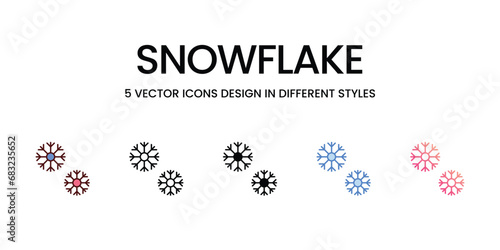 Snowflake Icon Design in Five style with Editable Stroke. Line, Solid, Flat Line, Duo Tone Color, and Color Gradient Line. Suitable for Web Page, Mobile App, UI, UX and GUI design.
