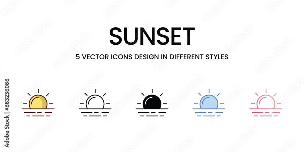 Sunset Icon Design in Five style with Editable Stroke. Line, Solid, Flat Line, Duo Tone Color, and Color Gradient Line. Suitable for Web Page, Mobile App, UI, UX and GUI design.