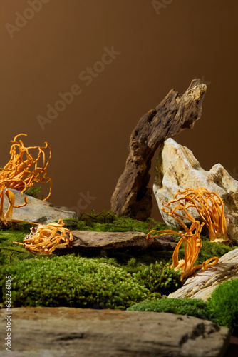 Stone slabs of different sizes are placed on green moss with cordyceps. Minimalist brown background. Space for displaying and advertising products containing natural ingredients.