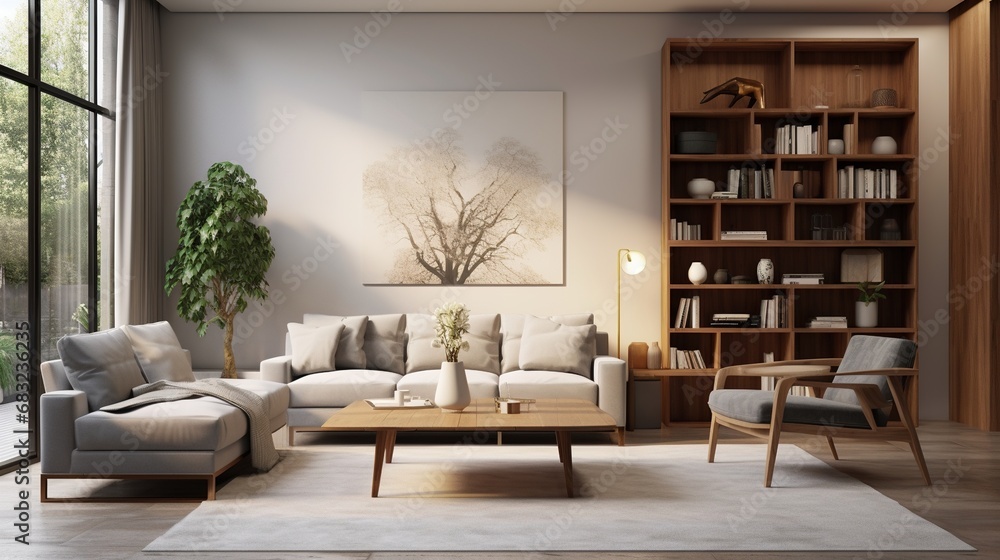 Living room interior with white sofa, painting on wall, book shelf and table. Created with Ai