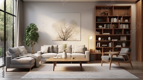 Living room interior with white sofa  painting on wall  book shelf and table. Created with Ai