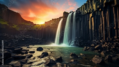 Morning view of the famed Svartifoss  Black Fall . Waterfall Summer sunrise in Skaftafell  Vatnajokull National Park  Iceland   Photo with artistic post-processing.